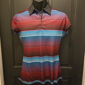 PGA Tour Golf Fitted Womens Striped Polo Shirt Size M Cap Sleeve